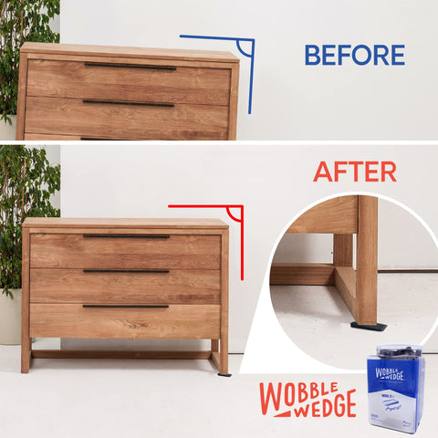 Comparison of a wooden dresser before and after using Rigid Plastic Shims For Leveling 300 Pack Made In USA Black Wobble Wedges.