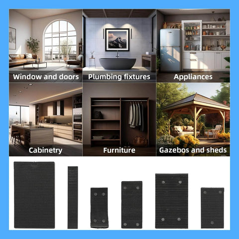 Various uses of 16 Pack Multiple Size Slopes Black Plastic Composite Shims Leveling Wedges in home settings with image of shims.