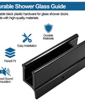 Replacement Sliding Shower Door Bottom Guide For Standard Glass Doors Half Inch By Three Inch Black Plastic Track With Screws Durable Quiet Operation Wide Compatibility Up To Half Inch Panel Thickness Includes Two Guides, showing black plastic guide with installation icons.