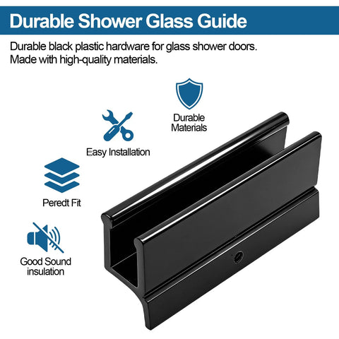 Replacement Sliding Shower Door Bottom Guide For Standard Glass Doors Half Inch By Three Inch Black Plastic Track With Screws Durable Quiet Operation Wide Compatibility Up To Half Inch Panel Thickness Includes Two Guides, showing black plastic guide with installation icons.