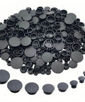 Plastic Hole Plugs Set 360 Pieces In 9 Sizes Flush Type Snap In Locking End Caps in black, shown in a variety of sizes.