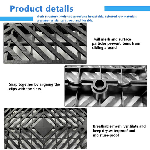 Detailed view of Six Pack Black Plastic Pallets For Basement Storage Lightweight HDPE Pallets With Breathable Grid showing mesh design.