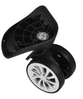 Close-up of 360 Degree Swivel Replacement Wheels For Luggage And Suitcases, Size 3.1 By 3.5 By 2.2 Inch, showing plastic black wheel design.