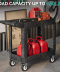 Heavy Duty Plastic Utility Cart On Wheels With 550 Lb Capacity 2 Shelf Rolling Service Cart For Warehouse Garage School And Office Cleaning YITAHOME Black loaded with tools and gas cans