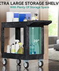 Heavy Duty Plastic Utility Cart On Wheels With 550 Lb Capacity 2 Shelf Rolling Service Cart For Warehouse Garage School And Office Cleaning YITAHOME Black side view with supplies