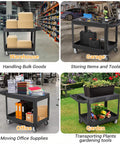 Beefy Heavy Duty Plastic Utility Cart With Flat Top And Two Shelves, 45.87 X 25.2 Inches Work Cart Holds Up To 550 Lbs in various settings: warehouse with boxes, garage with tools, office with documents, garden with plants.