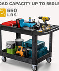 Heavy Duty 2 Shelf Plastic Utility Service Cart On Wheels With 550 Lb Capacity And 45 X 25 Inch Size Rugged Rolling Work Cart For Warehouse Garage School And Office Corrosion Resistant And Built Tough Black holding tools and supplies