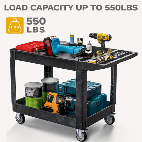Heavy Duty 2 Shelf Plastic Utility Service Cart On Wheels With 550 Lb Capacity And 45 X 25 Inch Size Rugged Rolling Work Cart For Warehouse Garage School And Office Corrosion Resistant And Built Tough Black holding tools and supplies
