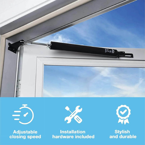 Standard Duty Pneumatic Screen and Storm Door Closer, Black, installed on door with adjustable closing speed and durable design.