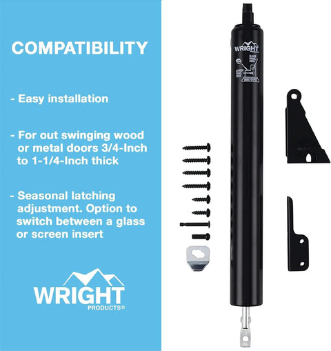 Standard Duty Pneumatic Screen and Storm Door Closer, Black with hardware and instructions for installation.