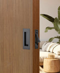 2 Pack 4.72 Inch Pocket Door Handles With 1 Edge Pull Black Recessed Flush Rectangular Stainless Steel Hardware Set Installed on Sliding Door