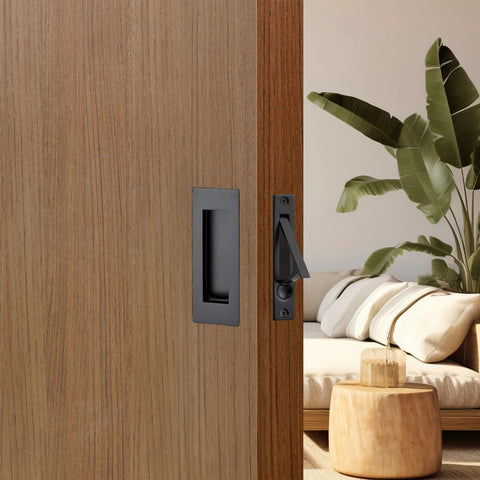 2 Pack 4.72 Inch Pocket Door Handles With 1 Edge Pull Black Recessed Flush Rectangular Stainless Steel Hardware Set Installed on Sliding Door