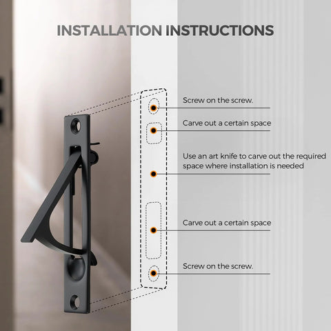 Installation instructions for 2 Pack 4.72 Inch Pocket Door Handles With 1 Edge Pull Black Recessed Flush Rectangular Stainless Steel Hardware Set For Sliding Doors And Cabinets.