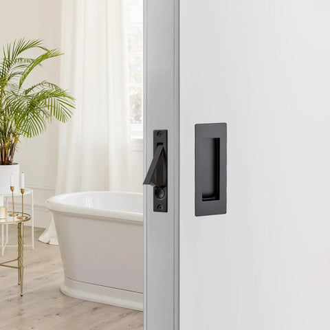 2 Pack 4.72 Inch Pocket Door Handles With 1 Edge Pull Black Recessed Flush in modern bathroom setting