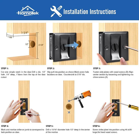 Installation guide for Privacy Sliding Door Lock With Pull for pocket doors, including steps for securing black lock on 1-3/8 in thick door.