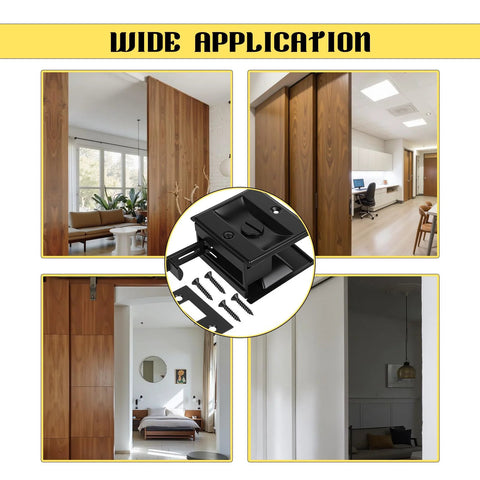 Stainless Steel Black Pocket Door Lock With Pull Durable Reversible Sliding Door Hardware For 1 3 8 Inch Thick Doors Easy Install And Privacy Protection Non Handed Design Two Pack used on wooden sliding doors in various rooms.