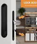 Privacy Door Lock Set With Hidden Pull And Recessed Latch, Circular Black Finish, installed on a white wooden door.