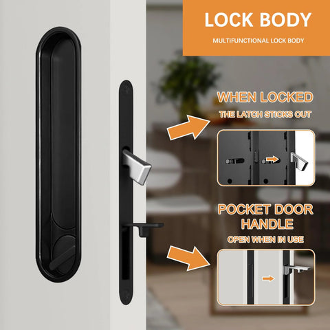 Privacy Door Lock Set With Hidden Pull And Recessed Latch, Circular Black Finish, installed on a white wooden door.