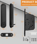 Privacy Door Lock Set With Hidden Pull And Recessed Latch, Circular Black Finish, Fits Wooden Doors From 1 9/16 To 2 Inches Thick; components and dimensions shown on diagram