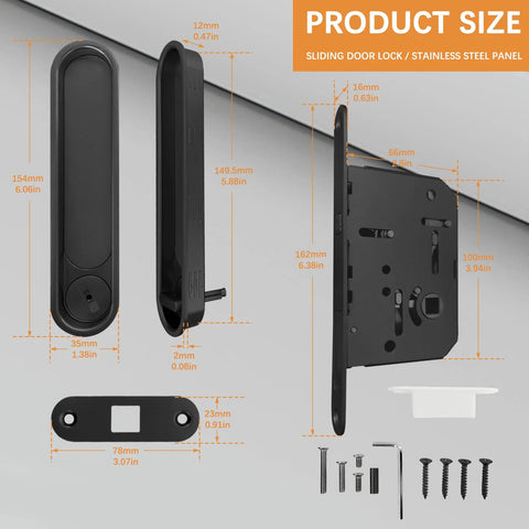 Privacy Door Lock Set With Hidden Pull And Recessed Latch, Circular Black Finish, Fits Wooden Doors From 1 9/16 To 2 Inches Thick; components and dimensions shown on diagram