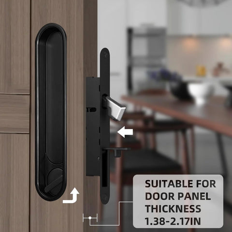 Privacy Door Lock Set With Hidden Pull And Recessed Latch, Circular Black Finish, installed on wooden door, zinc alloy handle