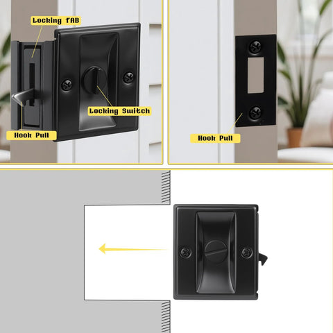 Stainless Steel Black Pocket Door Lock With Pull Durable Reversible Sliding Door Hardware For 1 3 8 Inch Thick Doors Easy Install And Privacy Protection Non Handed Design Two Pack