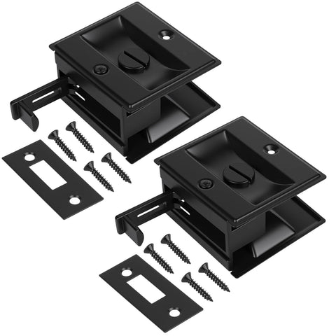 Stainless Steel Black Pocket Door Lock With Pull Durable Reversible Sliding Door Hardware For 1 3 8 Inch Thick Doors Easy Install And Privacy Protection Non Handed Design Two Pack, shown with screws and plates.