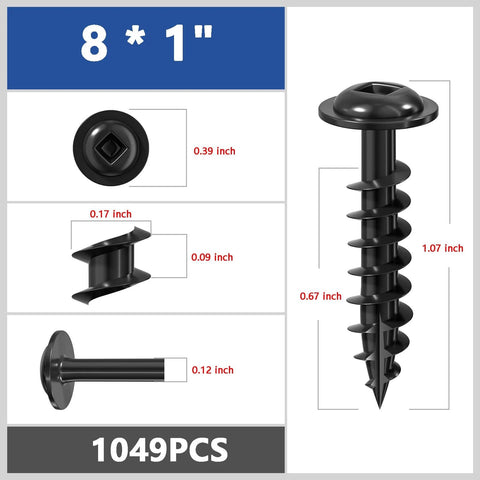✝️ Wensilon (Black) Pocket Hole Screws # 8 * 1" 1049pcs 5lbs with measurement details for wood use