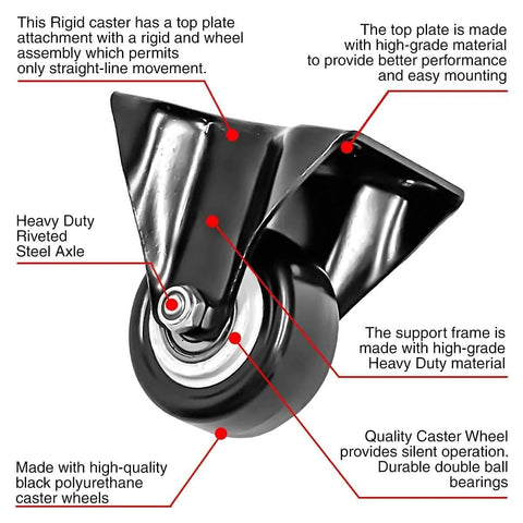 2 Inch Caster Wheels 12 Pack 6 Rigid Non Swivel Fixed Casters And 6 Swivel Plate Casters No Brake All Black Polyurethane Non Marking
