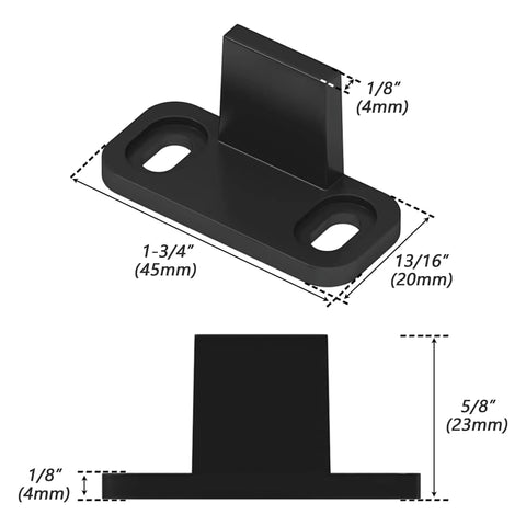 Illustration showing dimensions of 4 Pieces Barn Door Floor Guide Set For Sliding Closet Doors POM Plastic Bottom Track Guide Wall Mounted Adjustable.