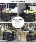 Collage showing Grand Pack-N-Roll Portable Tools Carrier with telescopic handle in various settings: shopping, office, home, job site.