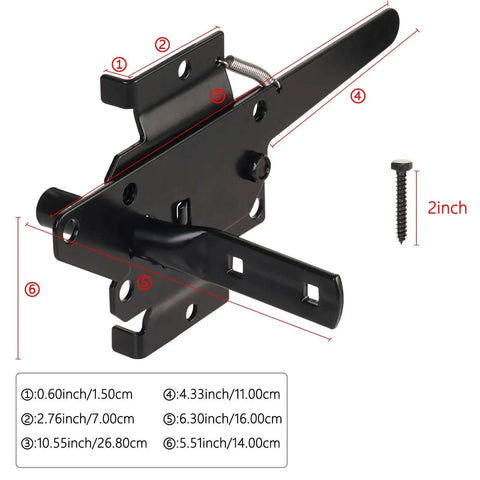 Built Tough Post Mount Gate Latch With Self Latching Fingertip Release, black steel latch with dimensions and screw included.
