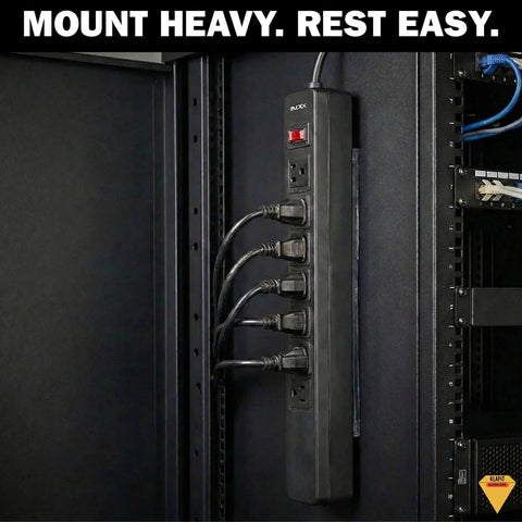 Power strip mounted vertically on a rack with clear double sided tape, holding multiple plugs, demonstrating Heavy Duty Tape capacity.
