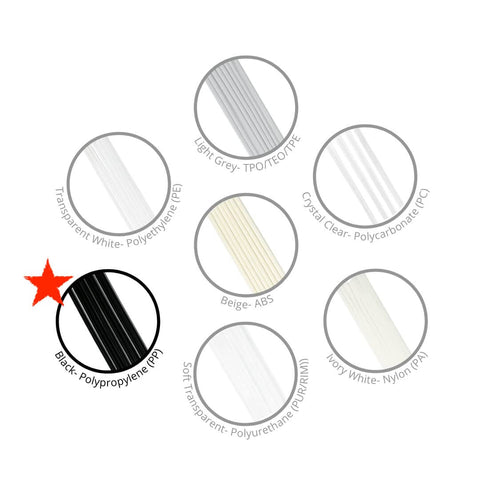 Variety of plastic welding rods in different colors and materials, including PP, PE, PC, ABS, PU, PA, highlighted by a red star for Black PP.