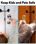 Child and cat pushing doors secured with 2 Pack Privacy Hook and Eye Latch for Barn Door, Stainless Steel Gate Latch Barn Door Lock