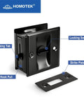 Privacy Sliding Door Lock With Pull For Pocket Doors 1-3/8 Inch Thick Black Reversible Left Or Right Handed with components labeled.