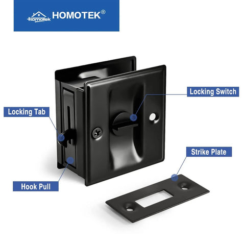 Privacy Sliding Door Lock With Pull For Pocket Doors 1-3/8 Inch Thick Black Reversible Left Or Right Handed with components labeled.