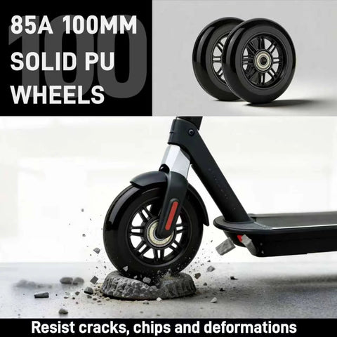 Pro Kick Scooter Replacement Wheels 100mm Pair installed on a scooter over rocky surface, showing high-speed smooth bearings, black color.