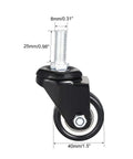 Four Pack of 1.5 Inch Swivel Caster Wheels PU 360 Degree Threaded Stem M8 by 25mm Black Polyurethane Wheels, side view with measurements