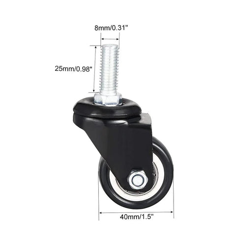 Four Pack of 1.5 Inch Swivel Caster Wheels PU 360 Degree Threaded Stem M8 by 25mm Black Polyurethane Wheels, side view with measurements