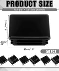 Protective end caps for 1-5/8 inch square plastic strut channels in a 50‑piece bulk pack, showing dimensions and black PVC material.