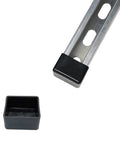 Black PVC square end cap installed on 1-5/8 inch strut channel, durable, flexible protection shown with cap off to the side.