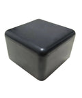 Black PVC square end cap for 1-5/8 inch strut channels, durable and flexible, shown in a close-up front view.