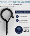 Heavy Duty Q Hooks For Hanging 20 Pack Black Ceiling Hooks Plant Hangers Outdoor Weatherproof Clips Screw Eyes And Safety Buckle For Outdoor String Lights And Christmas Hanger, 2.2 x 1 inch size, 40lb capacity
