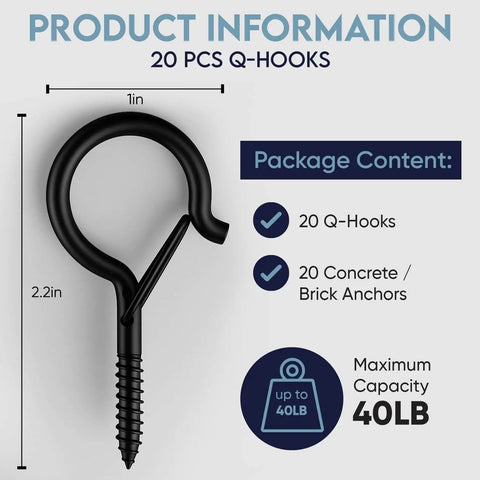 Heavy Duty Q Hooks For Hanging 20 Pack Black Ceiling Hooks Plant Hangers Outdoor Weatherproof Clips Screw Eyes And Safety Buckle For Outdoor String Lights And Christmas Hanger, 2.2 x 1 inch size, 40lb capacity
