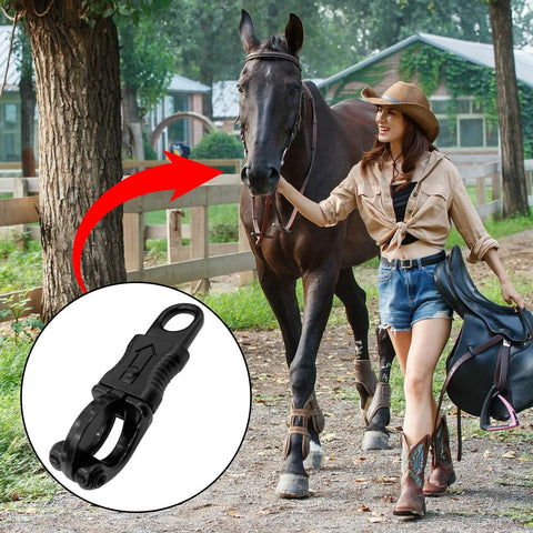 Woman walking horse with a 5 Pack Quick Release Snaps With Fixed Eye Zinc Alloy Construction shown in detail, highlighted for outdoor use.