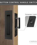 Recessed Finger Flush Pulls With Edge Pull For Pocket Doors And Sliding Closets, Rustproof Stainless Steel Door Handles For Barn Doors, Black Finish, 4.72 Inch, Easy Press Pop Up Design shown installed on wood door with button control handle switch.