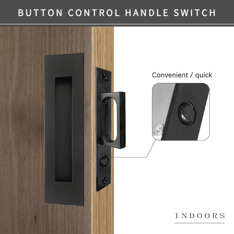 Recessed Finger Flush Pulls With Edge Pull For Pocket Doors And Sliding Closets, Rustproof Stainless Steel Door Handles For Barn Doors, Black Finish, 4.72 Inch, Easy Press Pop Up Design shown installed on wood door with button control handle switch.