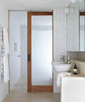Bathroom with recessed finger flush pulls 6 inch aluminum rust proof door pull for pocket doors in a modern design