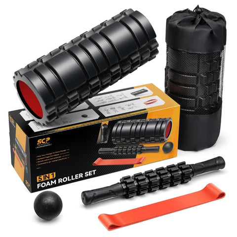 5 In 1 Deep Tissue Massage Set With Foam Roller, Trigger Point Roller Stick, Massage Ball, Resistance Band And Yoga Stretch Band, Black Red